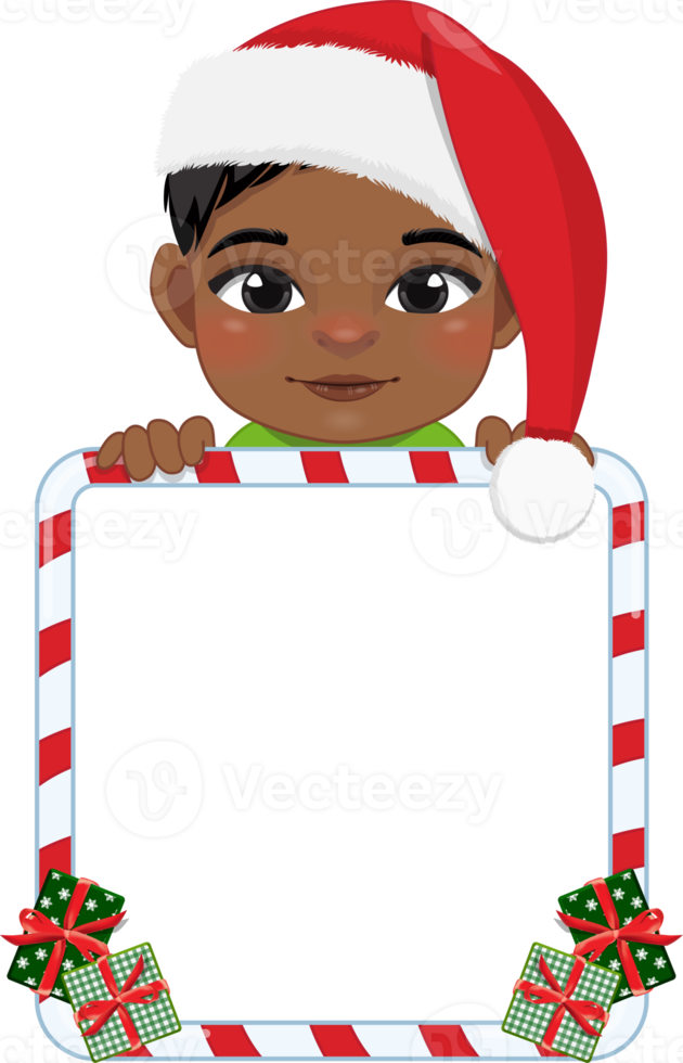 Cute Santa Black Boy Holding Candy Stick Frame Cartoon png