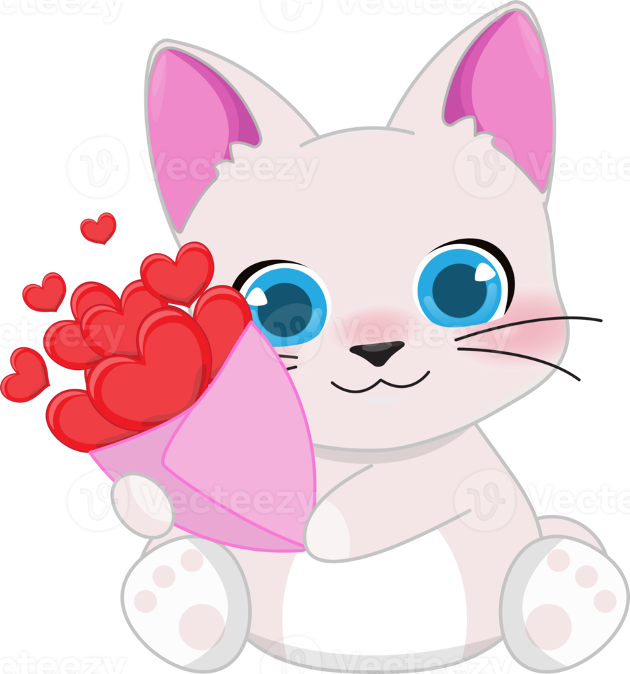 Happy Valentine s day with cute cartoon little Valentine cat in love holding heart flower bunch cartoon character PNG