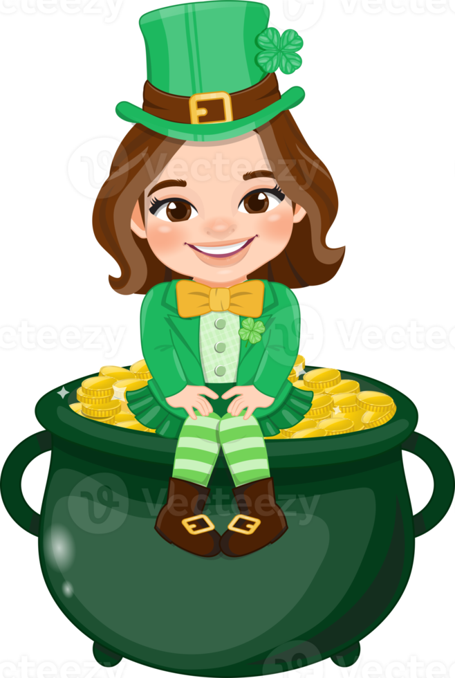 St. Patrick s Day with brown short hair girl in Irish costumes sitting in gold of pot cartoon character design png