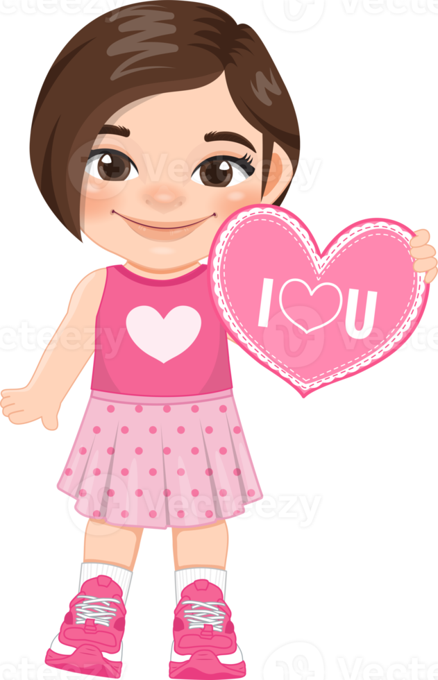 Valentine kid with little girl holding pink heart banner. Dating, Celebrating Valentines day flat icon. Brown short hair young girlfriend cartoon character PNG. png