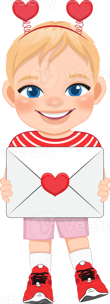 Valentine kid with little boy holding love letter. Dating, Celebrating Valentines day flat icon. Blonde hair young boyfriend cartoon character PNG. png