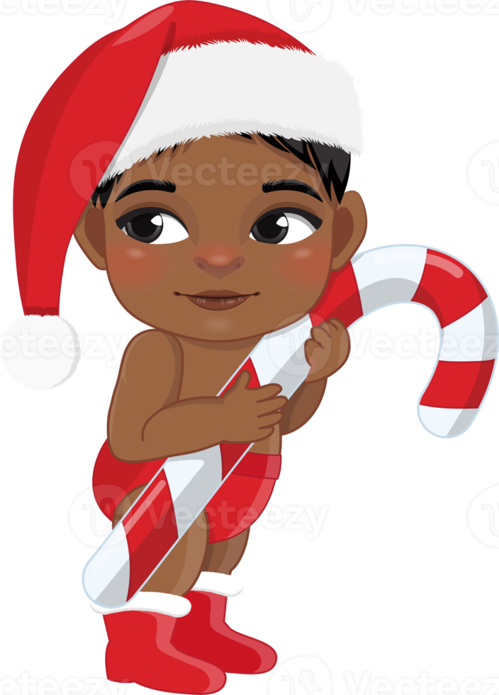 Cute Cartoon Boy Red Diaper Santa Hat Holding Candy Cane png