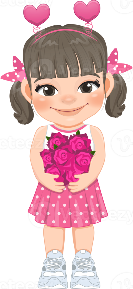 Valentine kid with little girl holding pink rose flowers. Dating, Celebrating Valentines day flat icon. Ash matte blonde ponytails hair young girlfriend cartoon character PNG. png