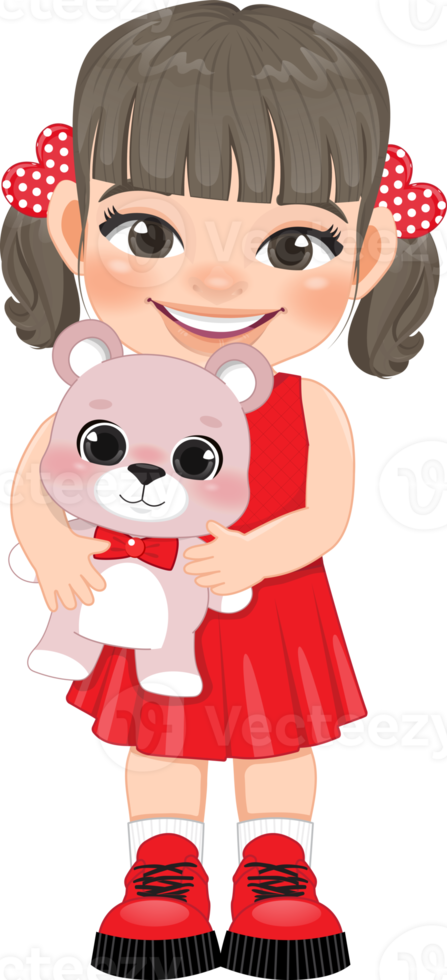 Valentine kid with little girl holding pink teddy bear. Dating, Celebrating Valentines day flat icon. Ash matte blonde ponytails hair  young girlfriend cartoon character PNG. png