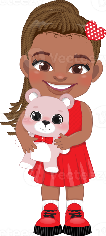 Valentine American African kid with little black girl holding pink teddy bear. Dating, Celebrating Valentines day flat icon. Brown braided hair young girlfriend cartoon character PNG. png