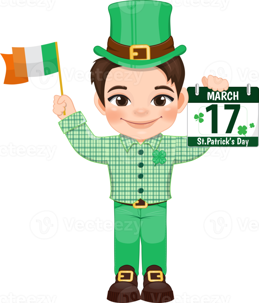 St. Patrick s Day with brown hair boy in Irish costumes holding Irish flag and calendar cartoon character design png