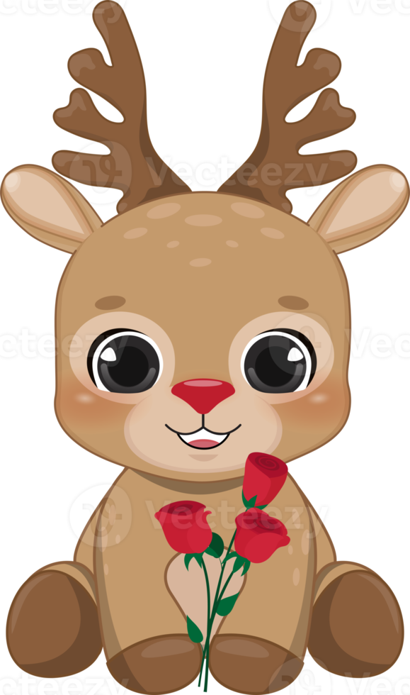 Happy Valentine s day with cute cartoon little Valentine reindeer in love holding rose cartoon character PNG