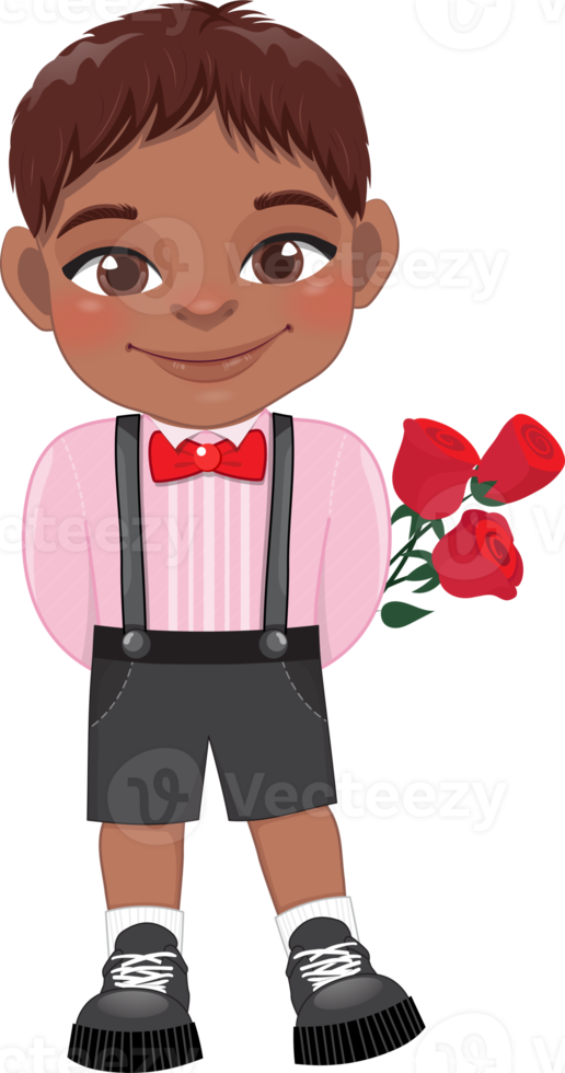 Valentine American African kid with little black boy holding rose flower. Dating, Celebrating Valentines day flat icon. Brown short hair young boyfriend cartoon character PNG. png