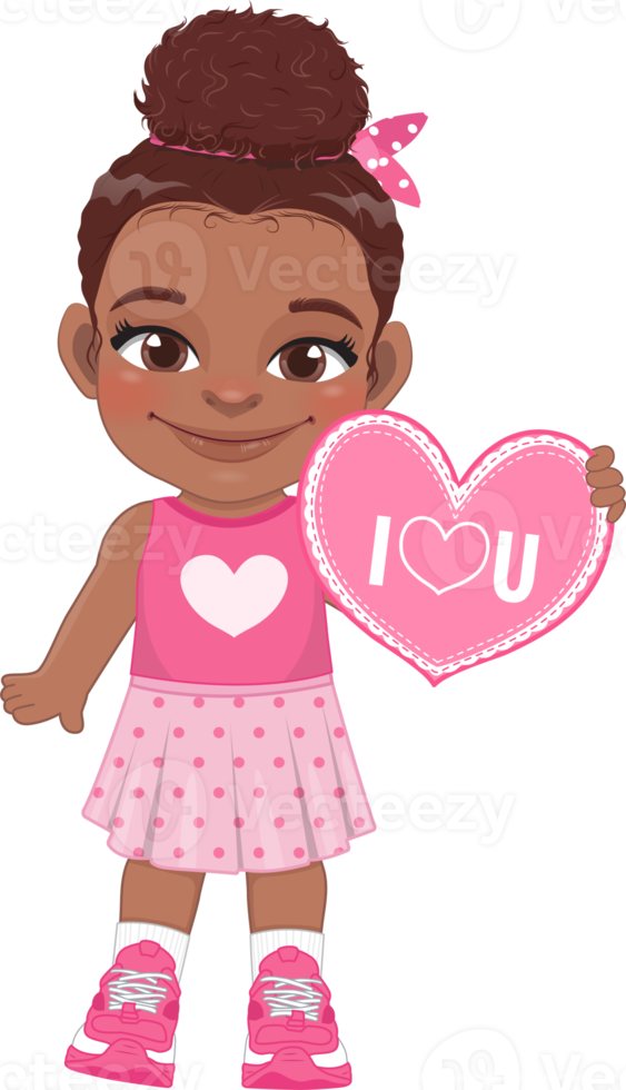 Valentine American African kid with little black girl holding pink heart banner. Dating, Celebrating Valentines day flat icon. Brown bun hair young girlfriend cartoon character PNG. png