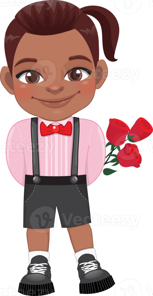 Valentine American African kid with little black boy holding rose flower. Dating, Celebrating Valentines day flat icon. Brown ponytail hair young boyfriend cartoon character PNG. png