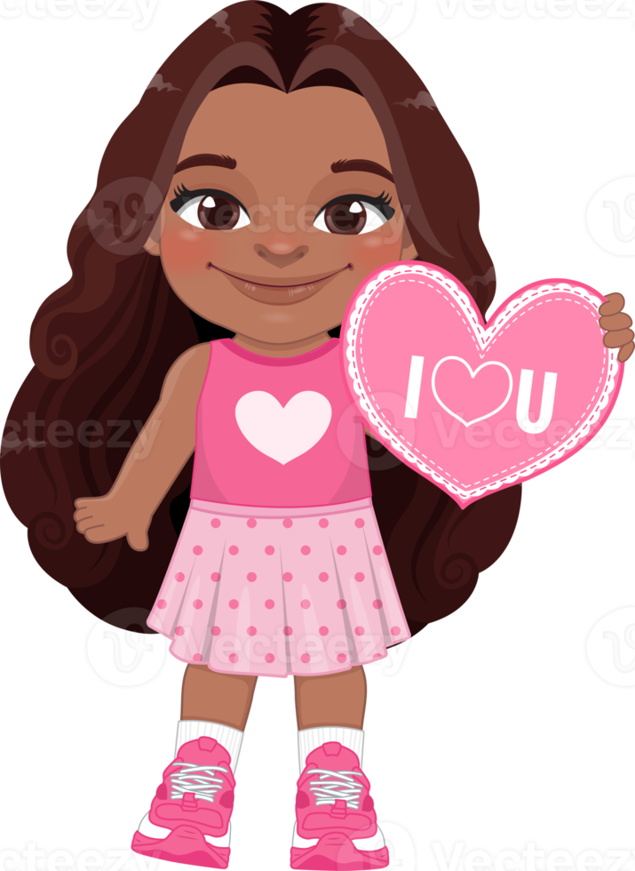 Valentine American African kid with little black girl holding pink heart banner. Dating, Celebrating Valentines day flat icon. Brown curly long hair young girlfriend cartoon character PNG. png