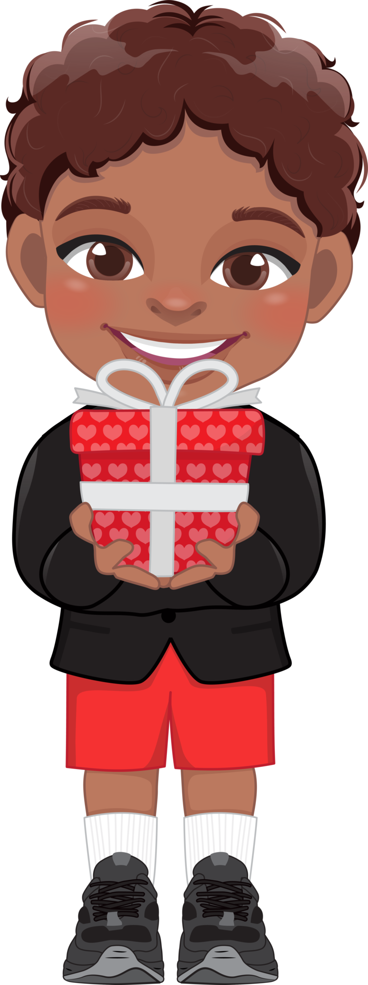 Valentine American African kid with little black boy holding gift box