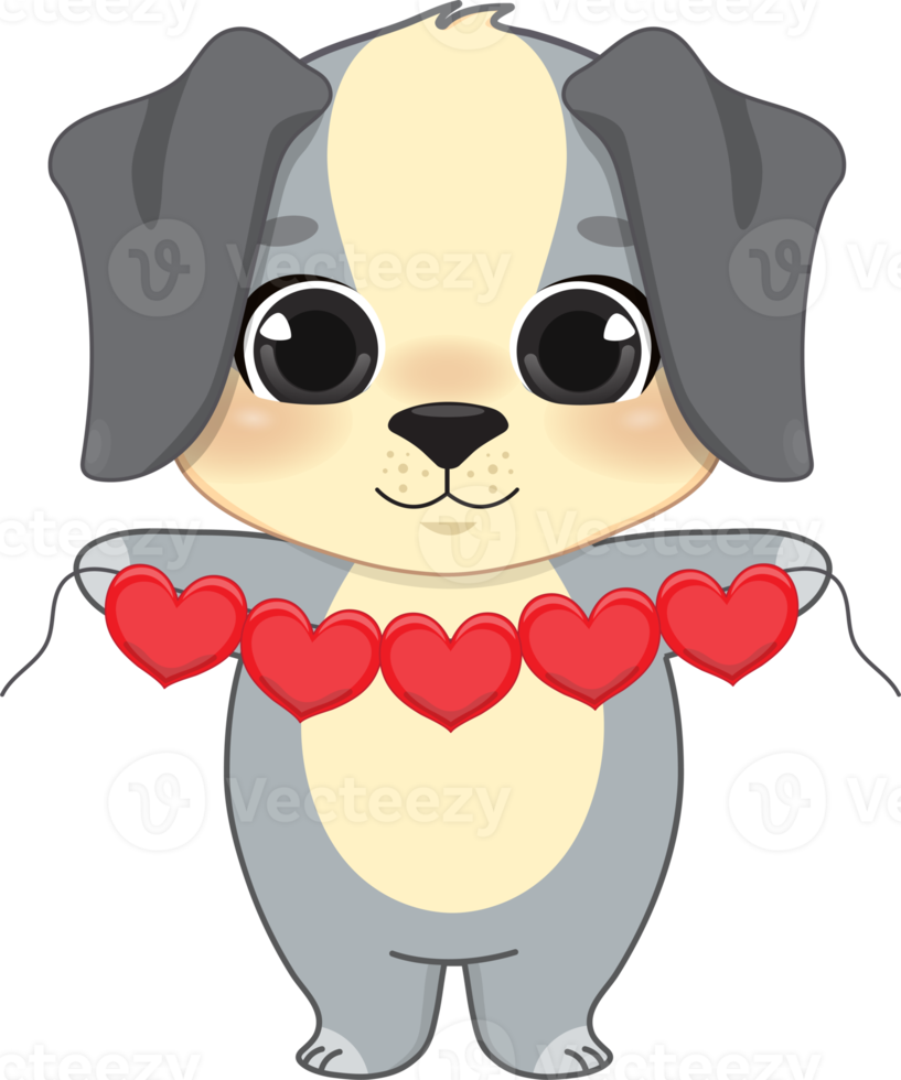 Happy Valentine s day with cute cartoon little Valentine dog  in love holding heart garland Festive decoration bunting Party cartoon character PNG