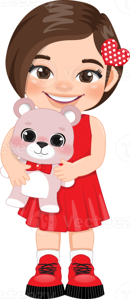 Valentine kid with little girl holding pink teddy bear. Dating, Celebrating Valentines day flat icon. Brown short hair young girlfriend cartoon character PNG. png