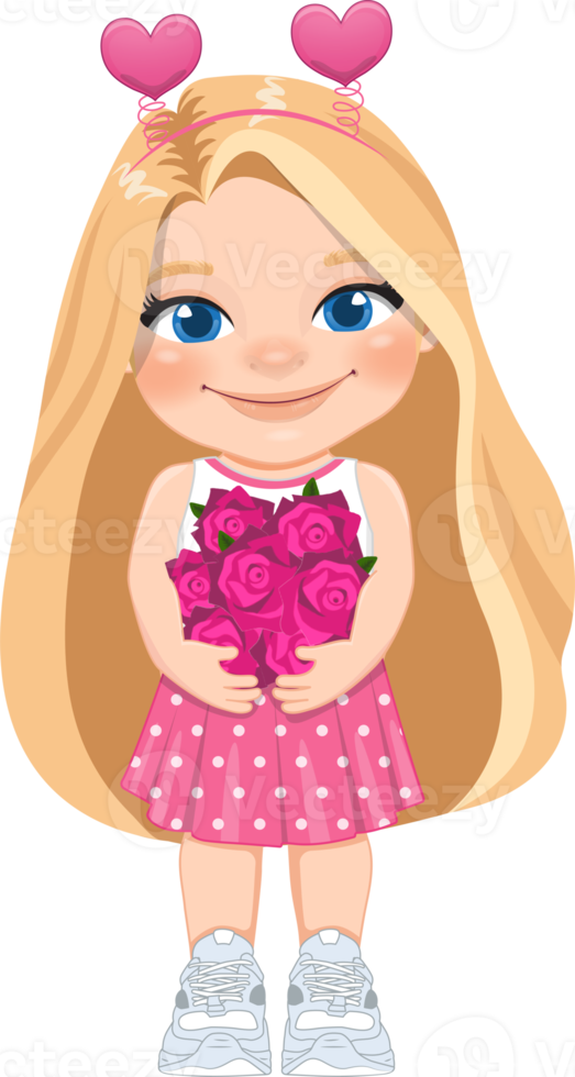 Valentine kid with little girl holding pink rose flowers. Dating, Celebrating Valentines day flat icon. Blonde long hair young girlfriend cartoon character PNG. png