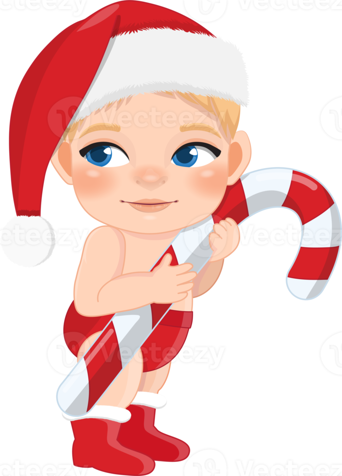 schattig tekenfilm jongen rood luier de kerstman hoed Holding snoep riet png