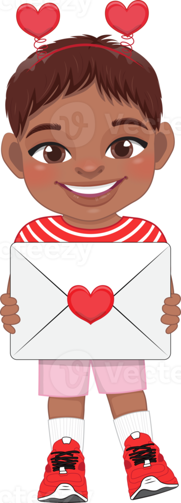 Valentine American African kid with little black boy holding love letter. Dating, Celebrating Valentines day flat icon. Brown short hair young boyfriend cartoon character PNG. png