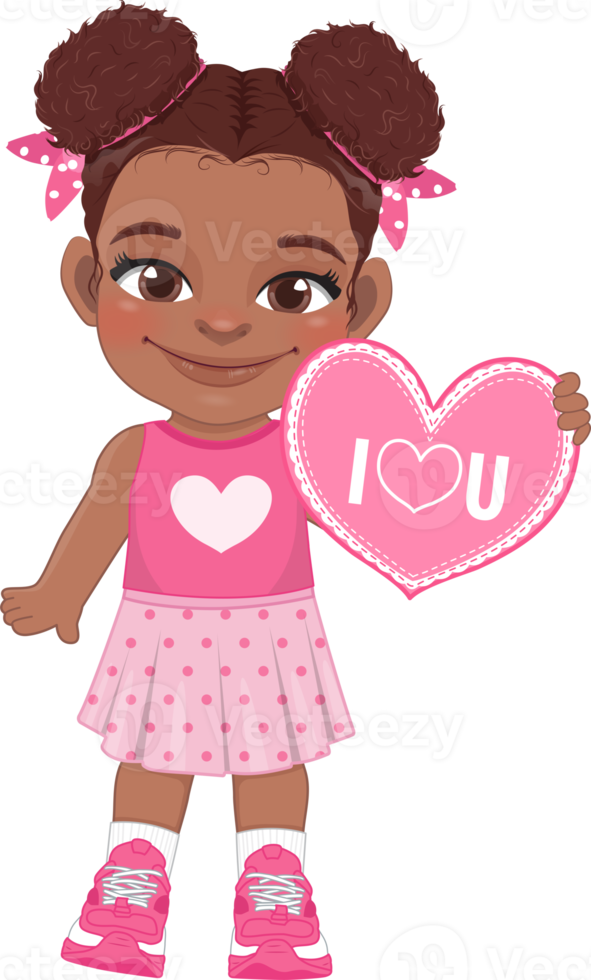 Valentine American African kid with little black girl holding pink heart banner. Dating, Celebrating Valentines day flat icon. Brown two buns hair young girlfriend cartoon character PNG. png