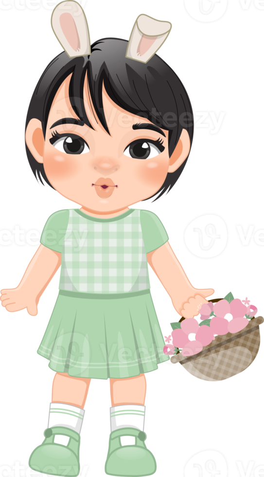 Happy Easter Day with Cute Girls Holding  Flower Basket Cartoon Character PNG