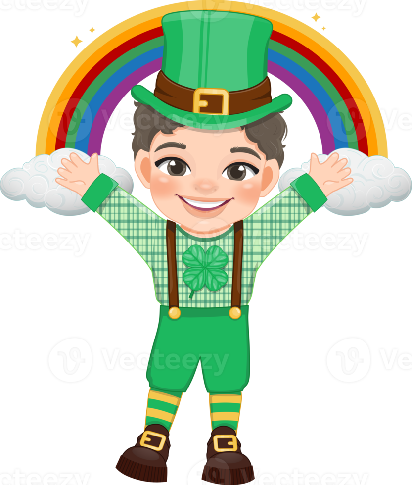 st. patrick s dia com encaracolado cabelo Garoto dentro irlandês fantasias em pé frente do arco Iris desenho animado personagem Projeto png