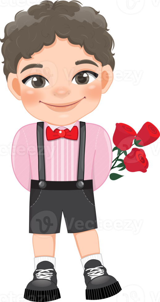 Valentine kid with little boy holding rose flowers. Dating, Celebrating Valentines day flat icon. Curly hair young boyfriend cartoon character PNG. png