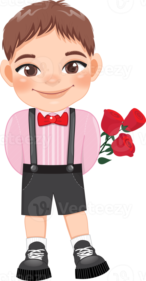 Valentine kid with little boy holding rose flowers. Dating, Celebrating Valentines day flat icon. Brown hair young boyfriend cartoon character PNG. png