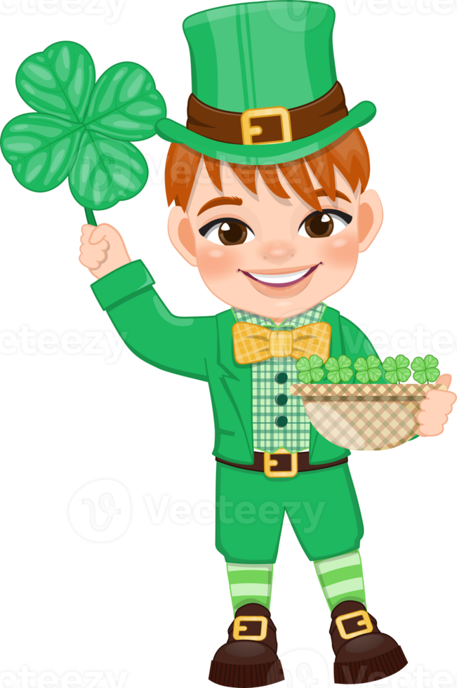 St. Patrick s Day with red hair boy in Irish costumes holding Shamrock and basket cartoon character design png