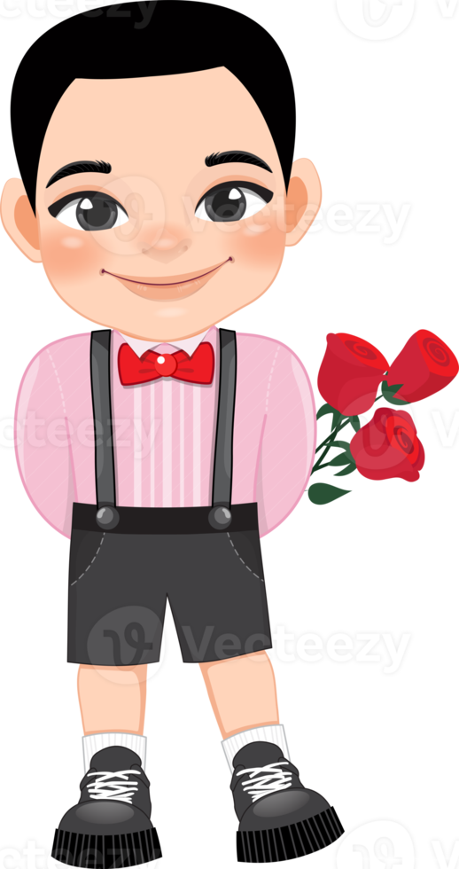 Valentine kid with little boy holding rose flowers. Dating, Celebrating Valentines day flat icon. Short haired young boyfriend cartoon character PNG. png