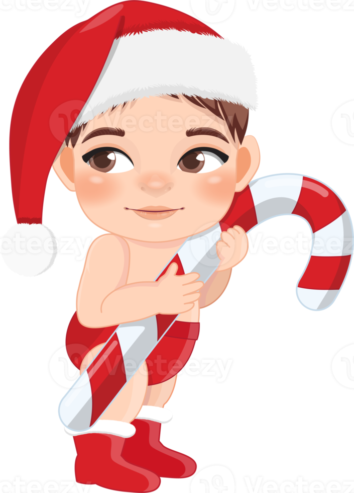 Cute Cartoon Boy Red Diaper Santa Hat Holding Candy Cane png