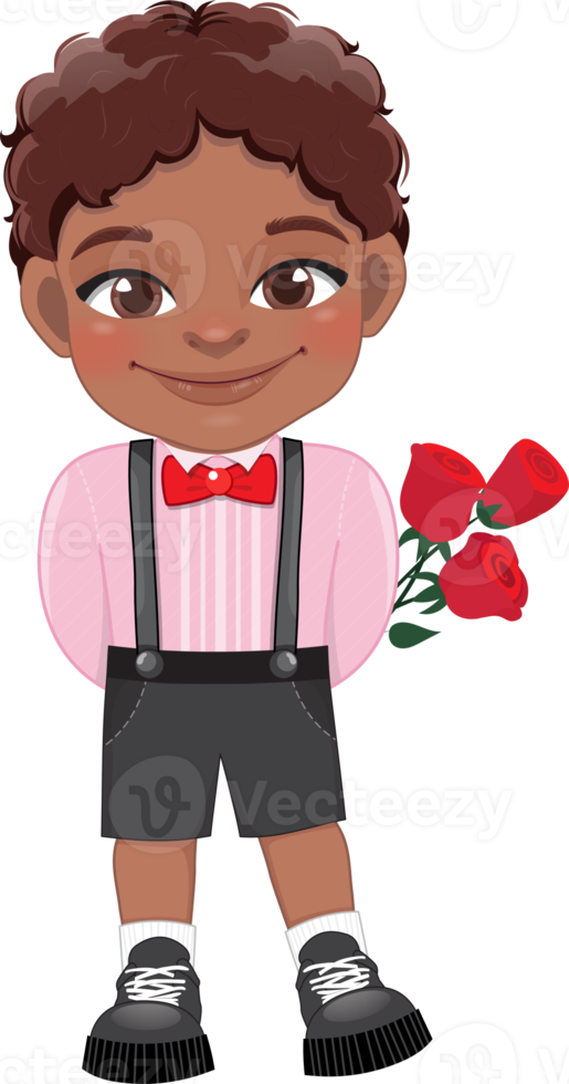 Valentine American African kid with little black boy holding rose flower. Dating, Celebrating Valentines day flat icon. Brown curly hair young boyfriend cartoon character PNG. png
