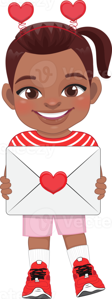 Valentine American African kid with little black boy holding love letter. Dating, Celebrating Valentines day flat icon. Brown ponytail hair young boyfriend cartoon character PNG. png