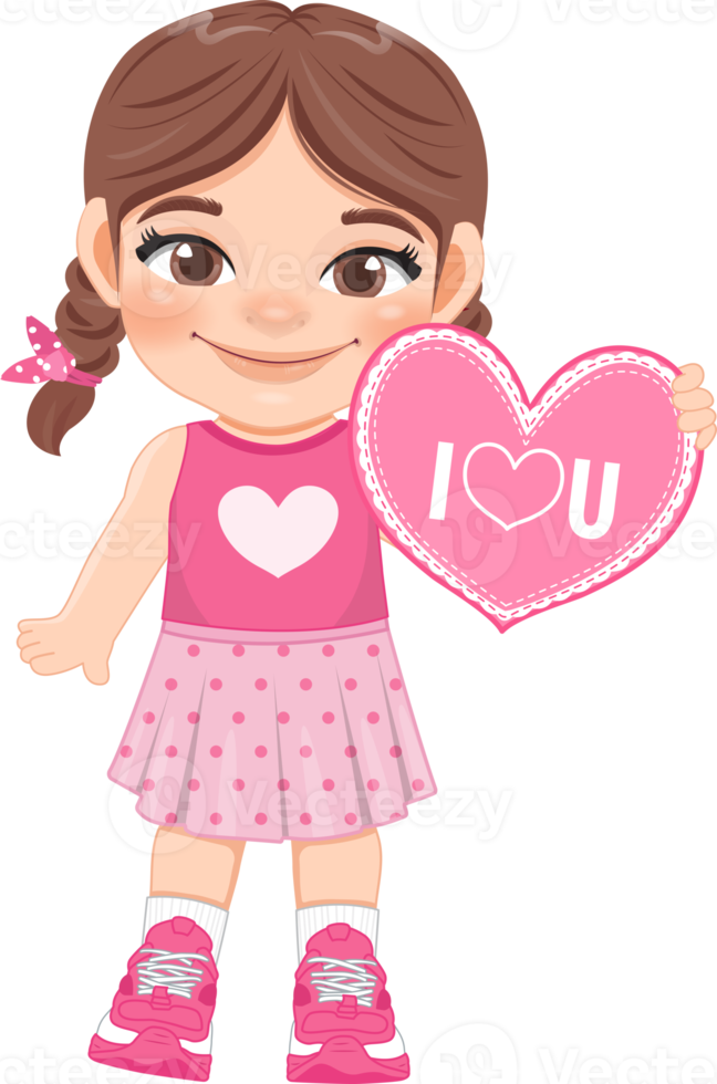 Valentine kid with little girl holding pink heart banner. Dating, Celebrating Valentines day flat icon. Brown long braided pigtails young girlfriend cartoon character PNG. png