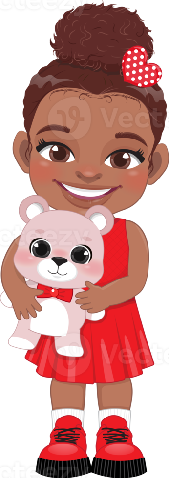 Valentine American African kid with little black girl holding pink teddy bear. Dating, Celebrating Valentines day flat icon. Brown bun hair young girlfriend cartoon character PNG. png