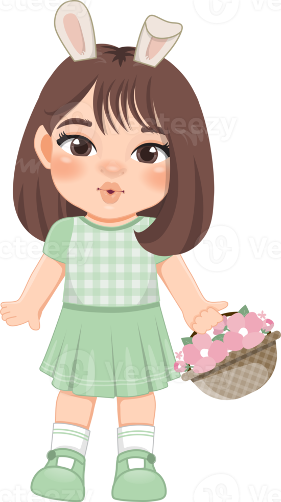 Happy Easter Day with Cute Girls Holding  Flower Basket Cartoon Character PNG