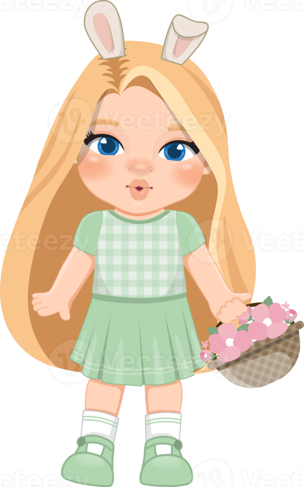 Happy Easter Day with Cute Girls Holding  Flower Basket Cartoon Character PNG