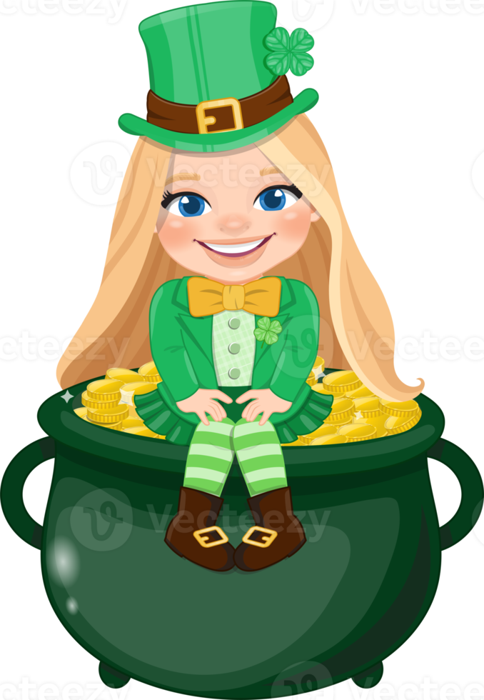 St. Patrick s Day with blonde long hair girl in Irish costumes sitting in gold of pot cartoon character design png