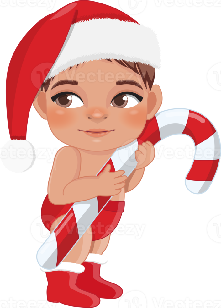 Cute Cartoon Boy Red Diaper Santa Hat Holding Candy Cane png