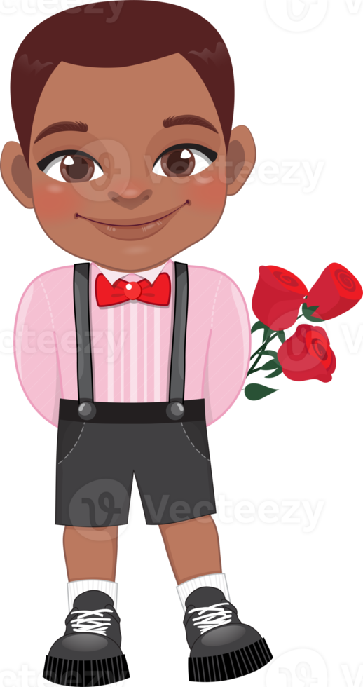 Valentine American African kid with little black boy holding rose flower. Dating, Celebrating Valentines day flat icon. Short haired young boyfriend cartoon character PNG. png