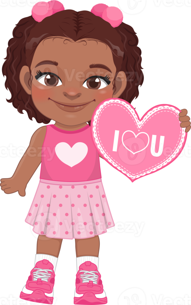 Valentine American African kid with little black girl holding pink heart banner. Dating, Celebrating Valentines day flat icon. Brown curly hair young girlfriend cartoon character PNG. png