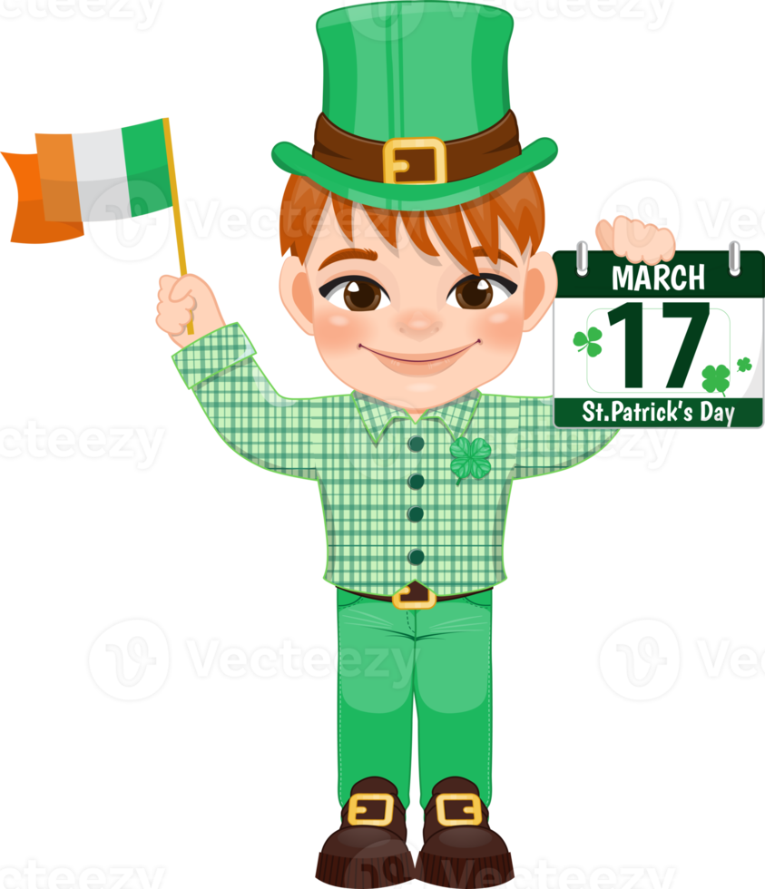 St. Patrick s Day with red hair boy in Irish costumes holding Irish flag and calendar cartoon character design png