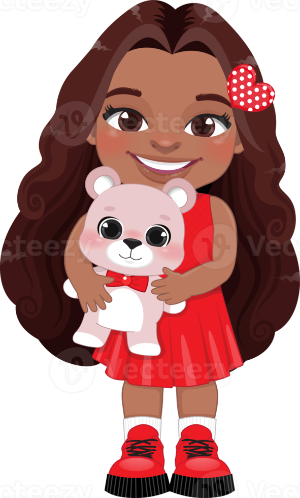 Valentine American African kid with little black girl holding pink teddy bear. Dating, Celebrating Valentines day flat icon. Brown curly long hair young girlfriend cartoon character PNG. png