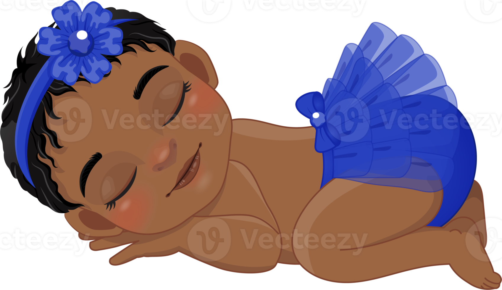 Cartoon character sleeping black baby girl wearing royal blue ruffled diaper cartoon png