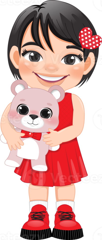 Valentine kid with little girl holding pink teddy bear. Dating, Celebrating Valentines day flat icon. Black short hair young girlfriend cartoon character PNG. png