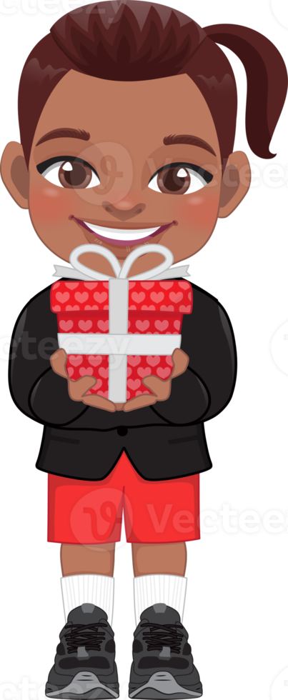 Valentine American African kid with little black boy holding gift box. Dating, Celebrating Valentines day flat icon. Brown ponytail hair young boyfriend cartoon character PNG. png