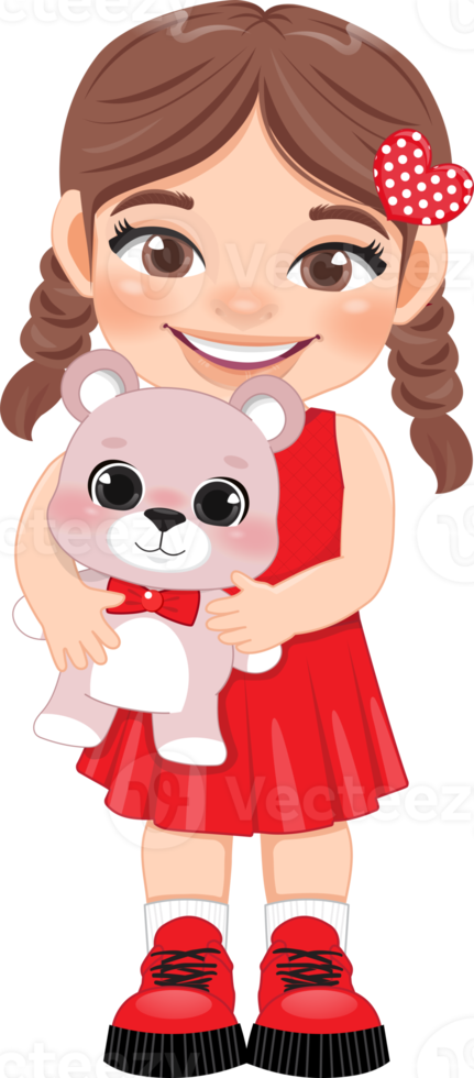 Valentine kid with little girl holding pink teddy bear. Dating, Celebrating Valentines day flat icon. Brown long braided pigtails young girlfriend cartoon character PNG. png