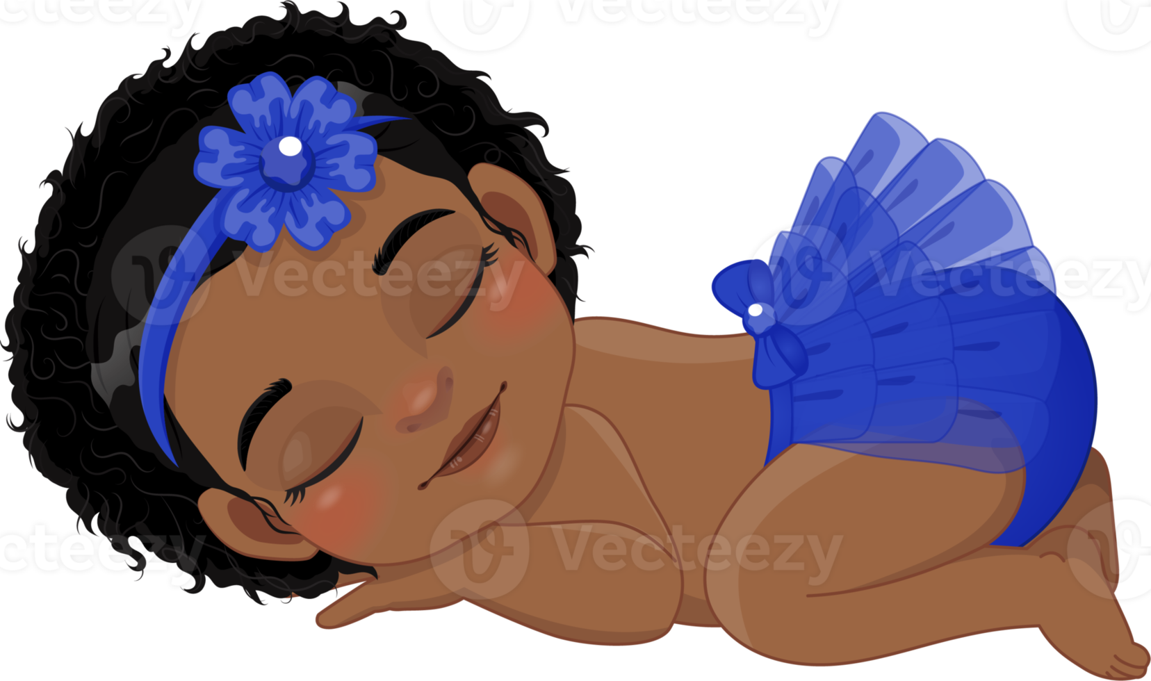 Cartoon character sleeping black baby girl wearing royal blue ruffled diaper cartoon png