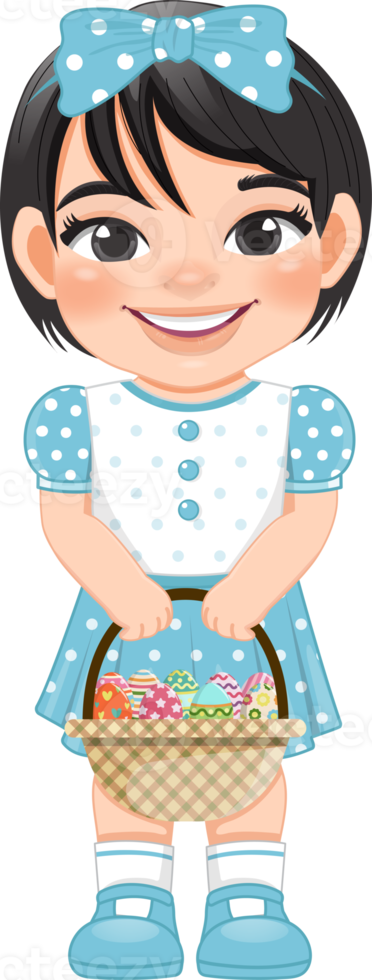 Happy Easter Day with Cute Girl Holding Eggs Basket Cartoon Character PNG