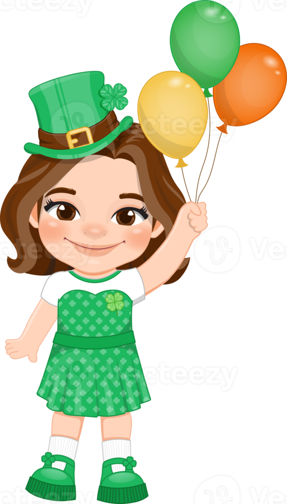 St. Patrick s Day with brown short hair girl in Irish costumes holding an Irish balloon cartoon character design png