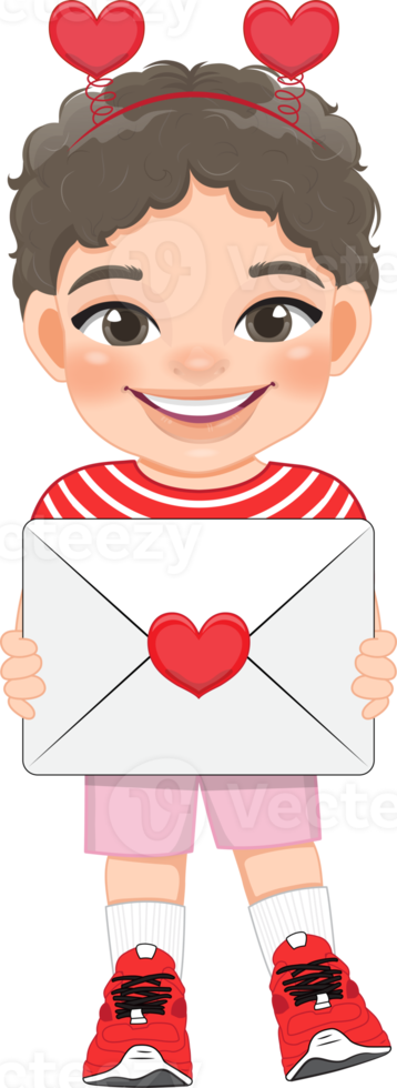 Valentine kid with little boy holding love letter. Dating, Celebrating Valentines day flat icon. Curly hair young boyfriend cartoon character PNG. png