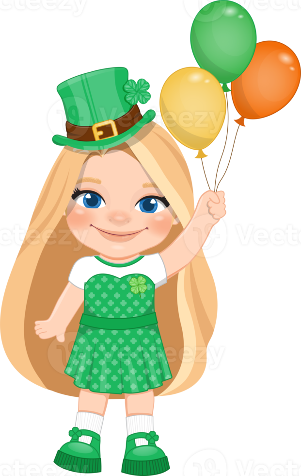 St. Patrick s Day with blonde long hair girl in Irish costumes holding an Irish balloon cartoon character design png